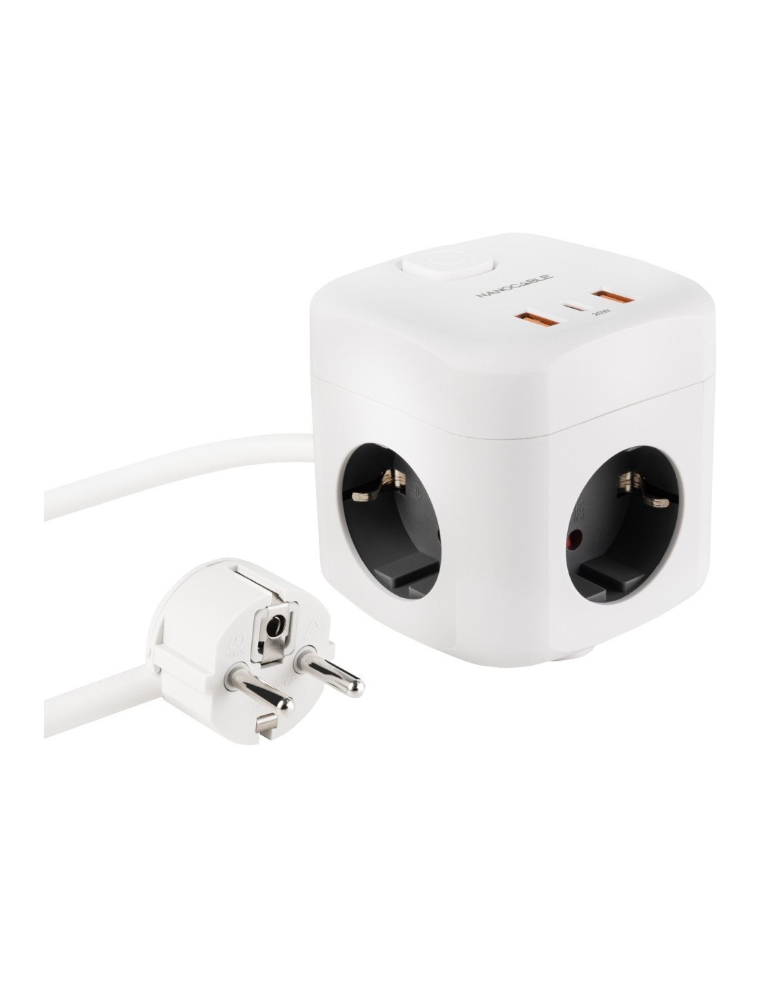 Nanocable Base de 3 enchufes con 3 USB (2 USB-A + 1 USB-C), GaN + PPS, PD 20W, con interruptor, Blanco