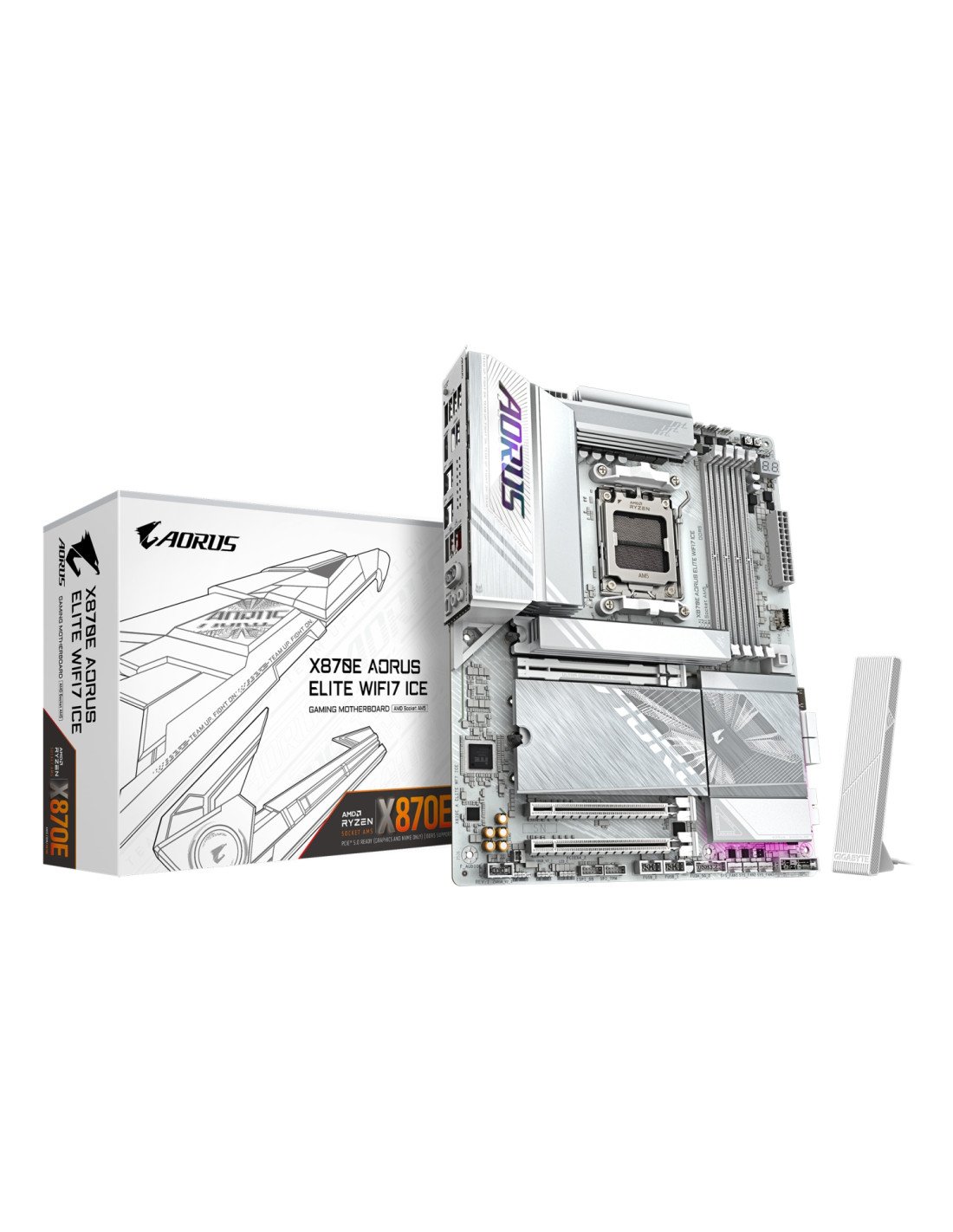 GIGABYTE X870E AORUS ELITE WIFI7 ICE Placa base - Soporta procesadores AMD Ryzen 9000, VRM digital de 16+2+2 fases, hasta 8200 M