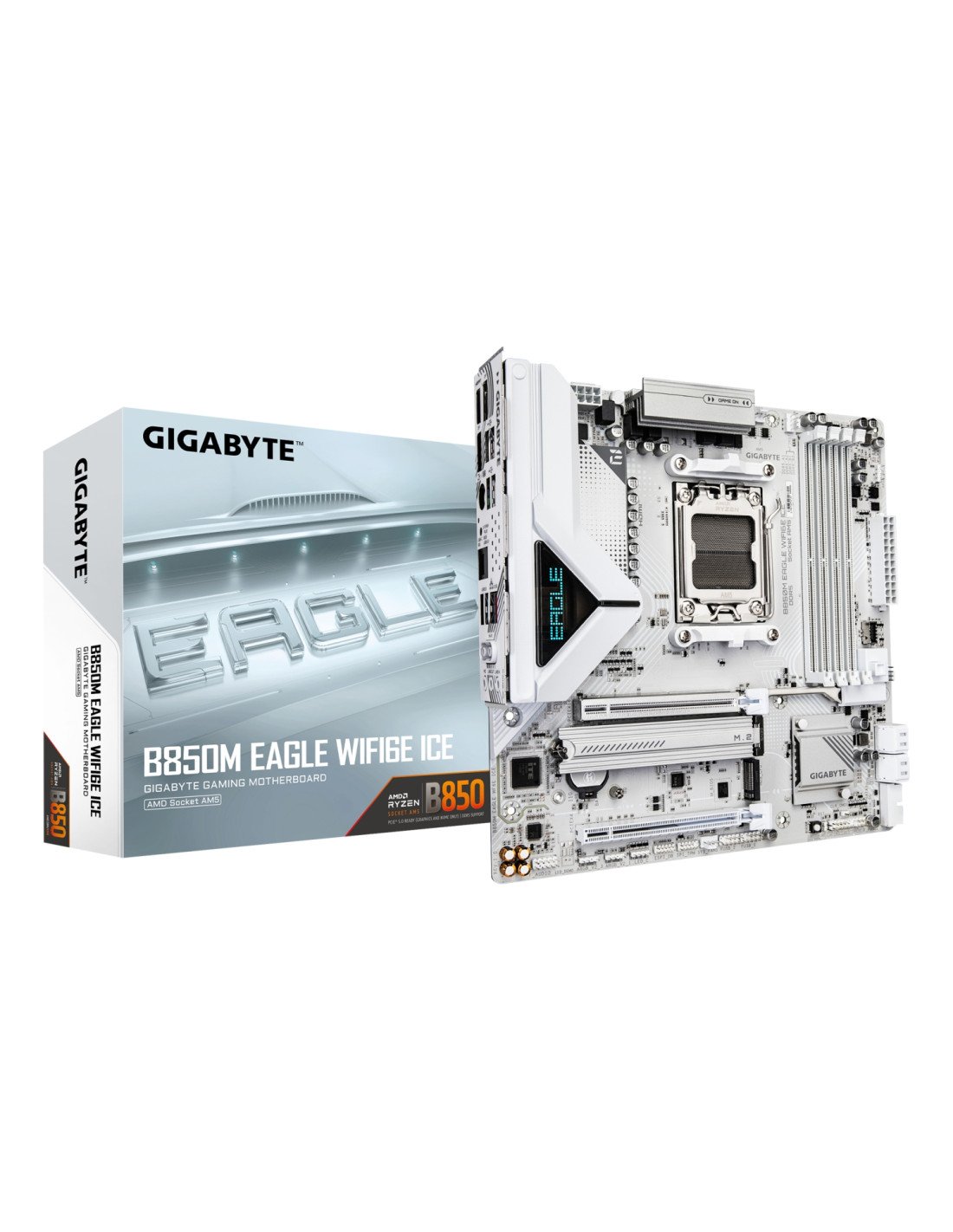 GIGABYTE B850M EAGLE WIFI6E ICE Placa Base – Procesadores AMD Ryzen serie 9000, VRM digital de 8+2+2 fases, hasta 8200 MHz DDR5 