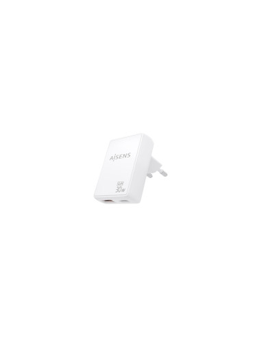 AISENS Cargador De Pared GaN Ultra Delgado 30W, 1xUSB-C PD3.0 QC4.0, 1xUSB-A QC3.0, Blanco