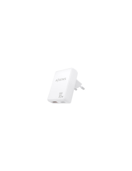 AISENS Cargador De Pared GaN Ultra Delgado 30W, 1xUSB-C PD3.0 QC4.0, 1xUSB-A QC3.0, Blanco