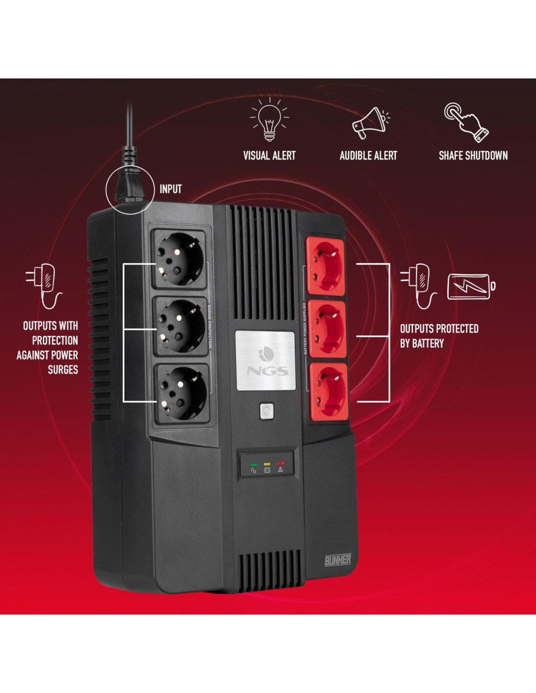 SAI OFFLINE NGS 600VA 360W PROTECCION SOBRECARGAS CORTOCIRCUITO 6XTOMAS SCHUKO AVR BACK BOOST NEGRO FORTRESSBUNKER