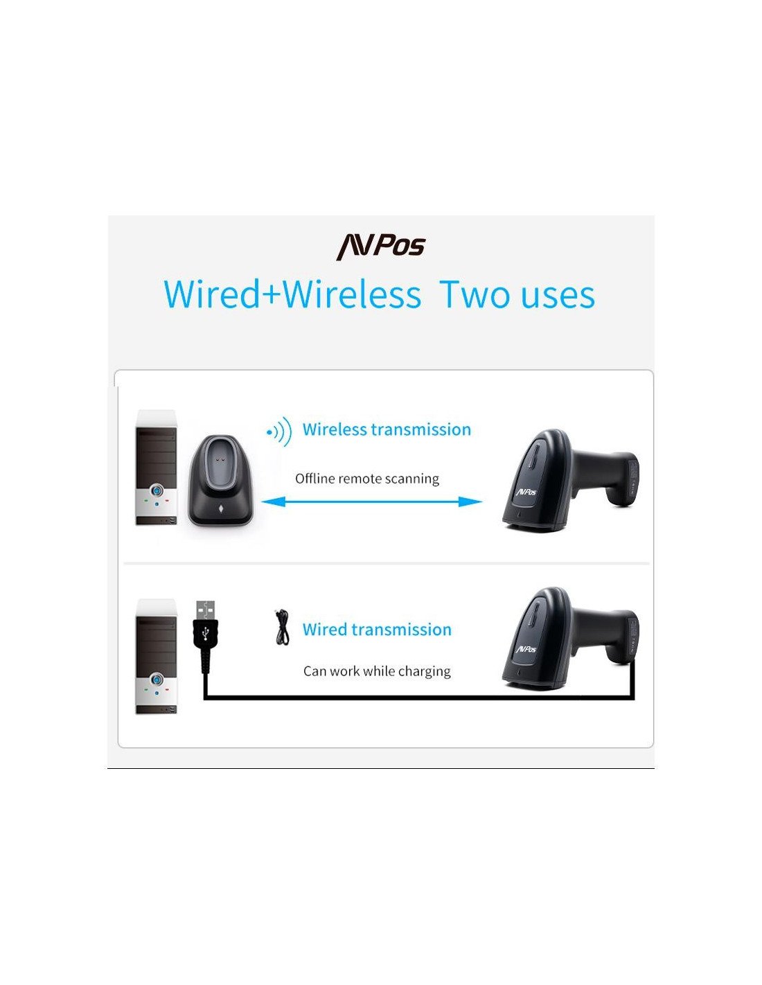 LECTOR AVPOS CODIGOS 1D + 2D +QR BT230 WIRELESS 2.4 + BLUETOOTH + USB