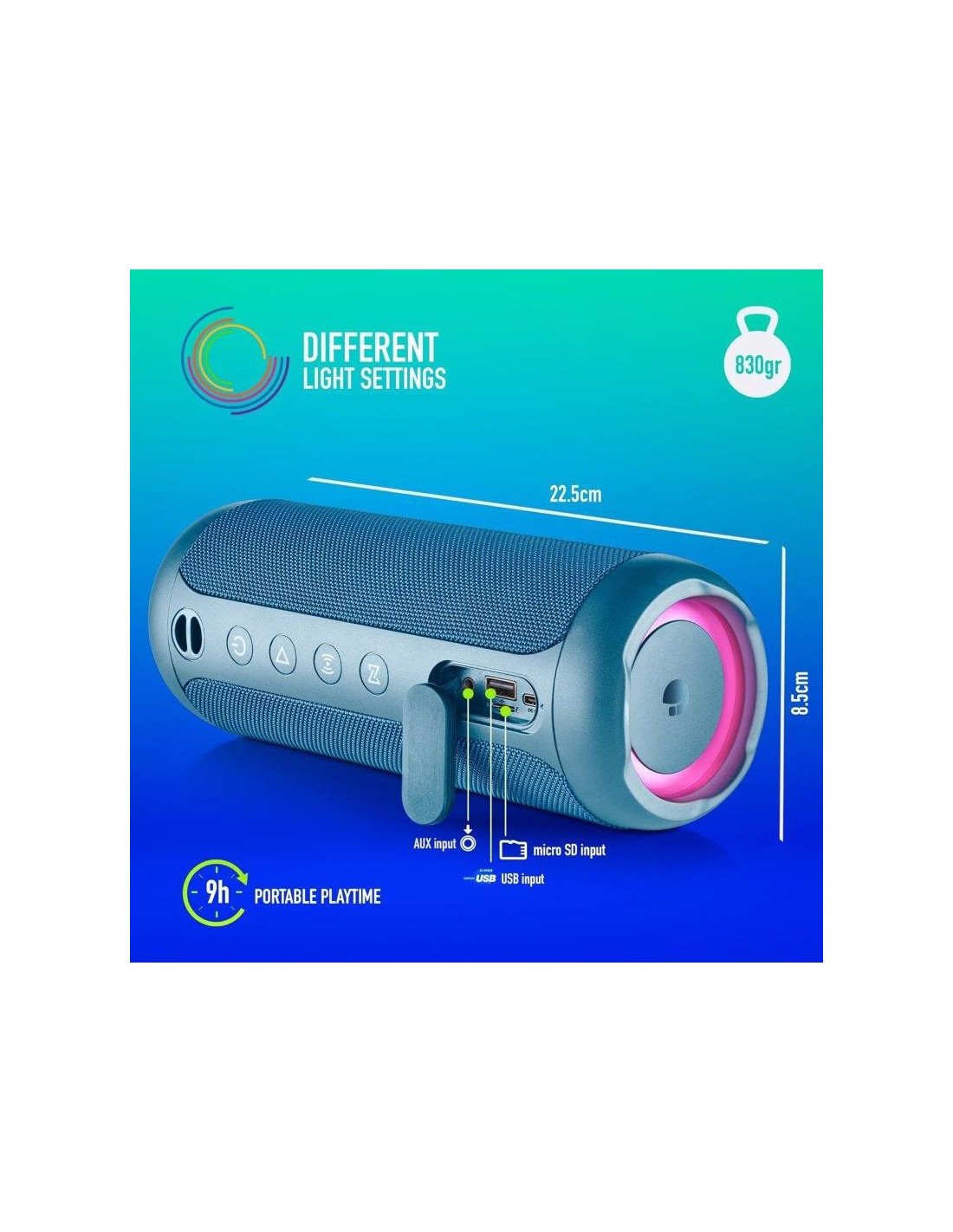 ALTAVOCES NGS ROLLER FURIA 3 RGB PORTATIL WATERPROOF 60W IPX7/BT/USB BLUE