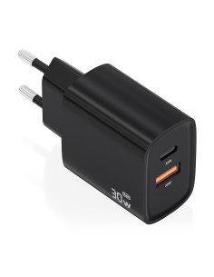 AISENS Cargador GaN 30W, 1xUSB-C PD3.0 QC4.0, 1xUSB-A QC3.0, Negro