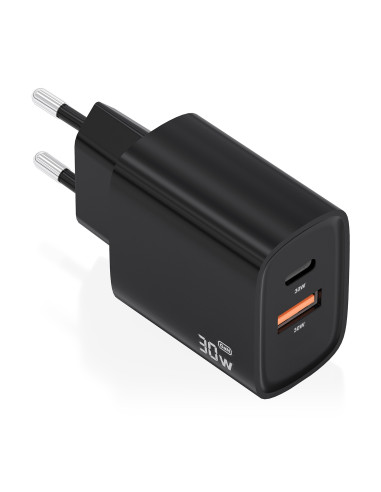 AISENS Cargador GaN 30W, 1xUSB-C PD3.0 QC4.0, 1xUSB-A QC3.0, Negro