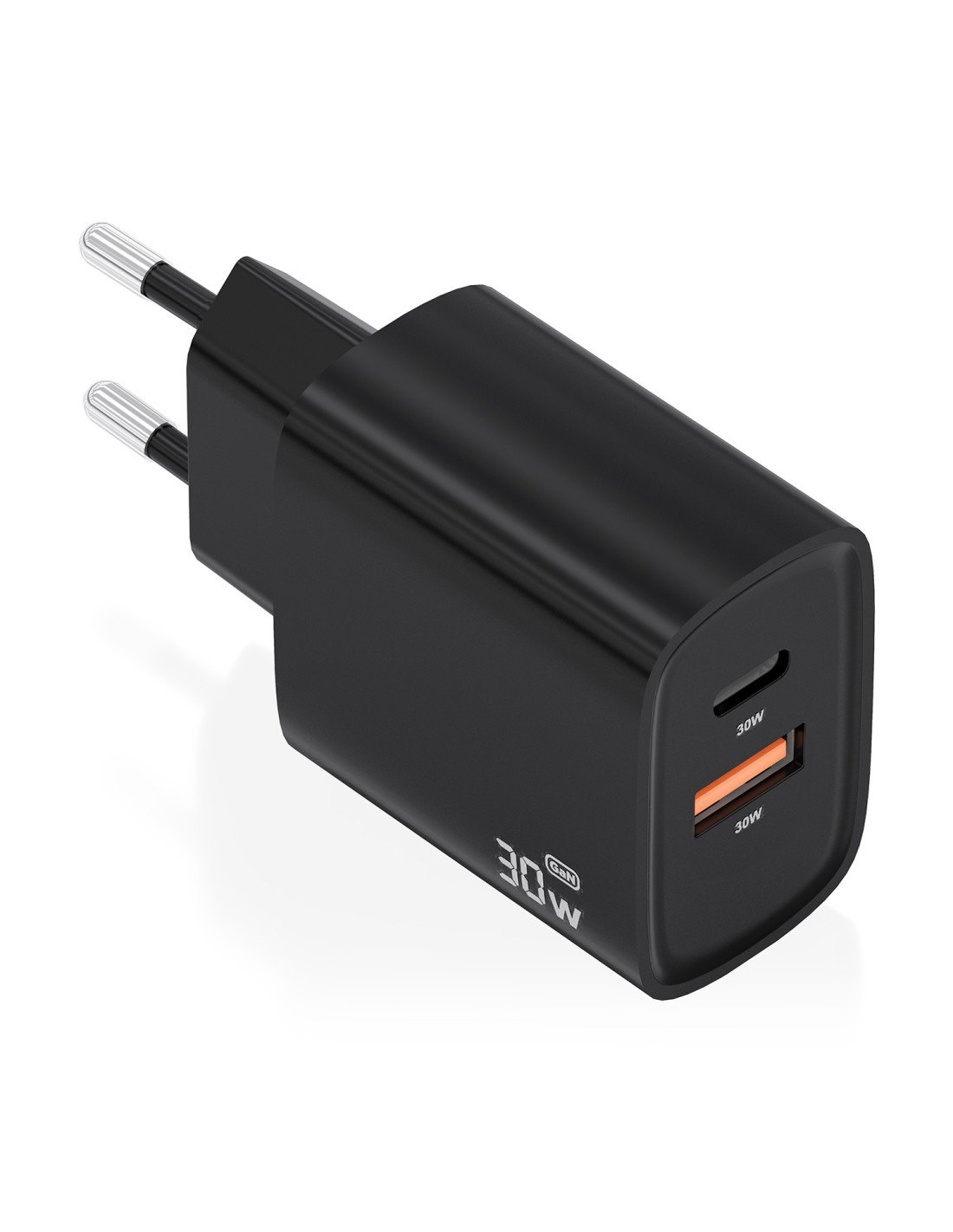 AISENS Cargador GaN 30W, 1xUSB-C PD3.0 QC4.0, 1xUSB-A QC3.0, Negro