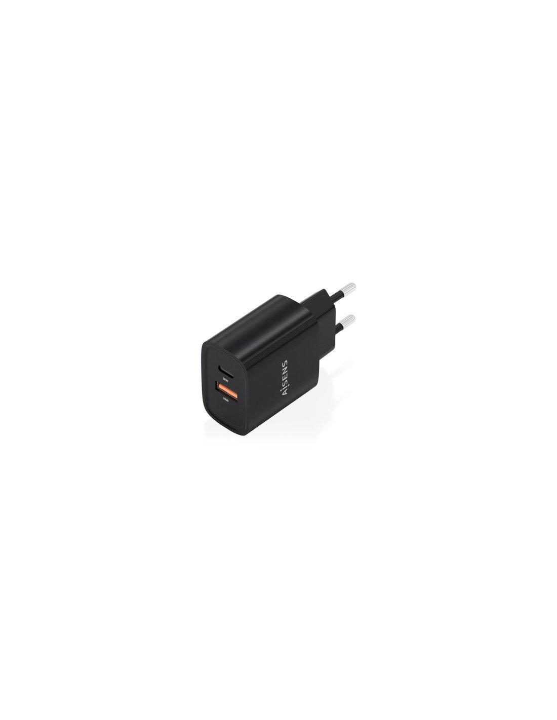 AISENS Cargador GaN 30W, 1xUSB-C PD3.0 QC4.0, 1xUSB-A QC3.0, Negro