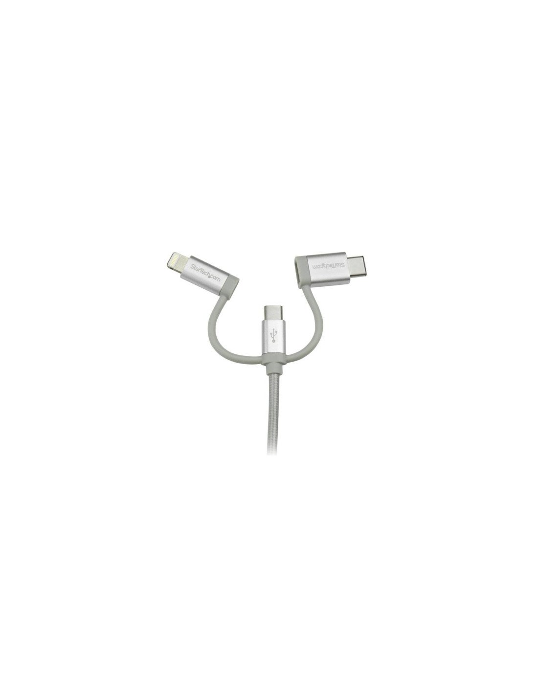 StarTech.com Cable Trenzado USB a Lightning USB-C y Micro USB - Cable Cargador para Teléfono Móvil iPhone iPad Tablet - 1m Plata