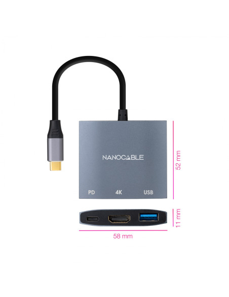Nanocable Conversor USB-C a HDMI/USB3.0/USB-C PD, 15 cm, Gris