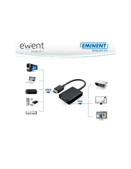 Ewent EW9864 adaptador de cable de vídeo 0,2 m HDMI VGA, 3.5mm Negro