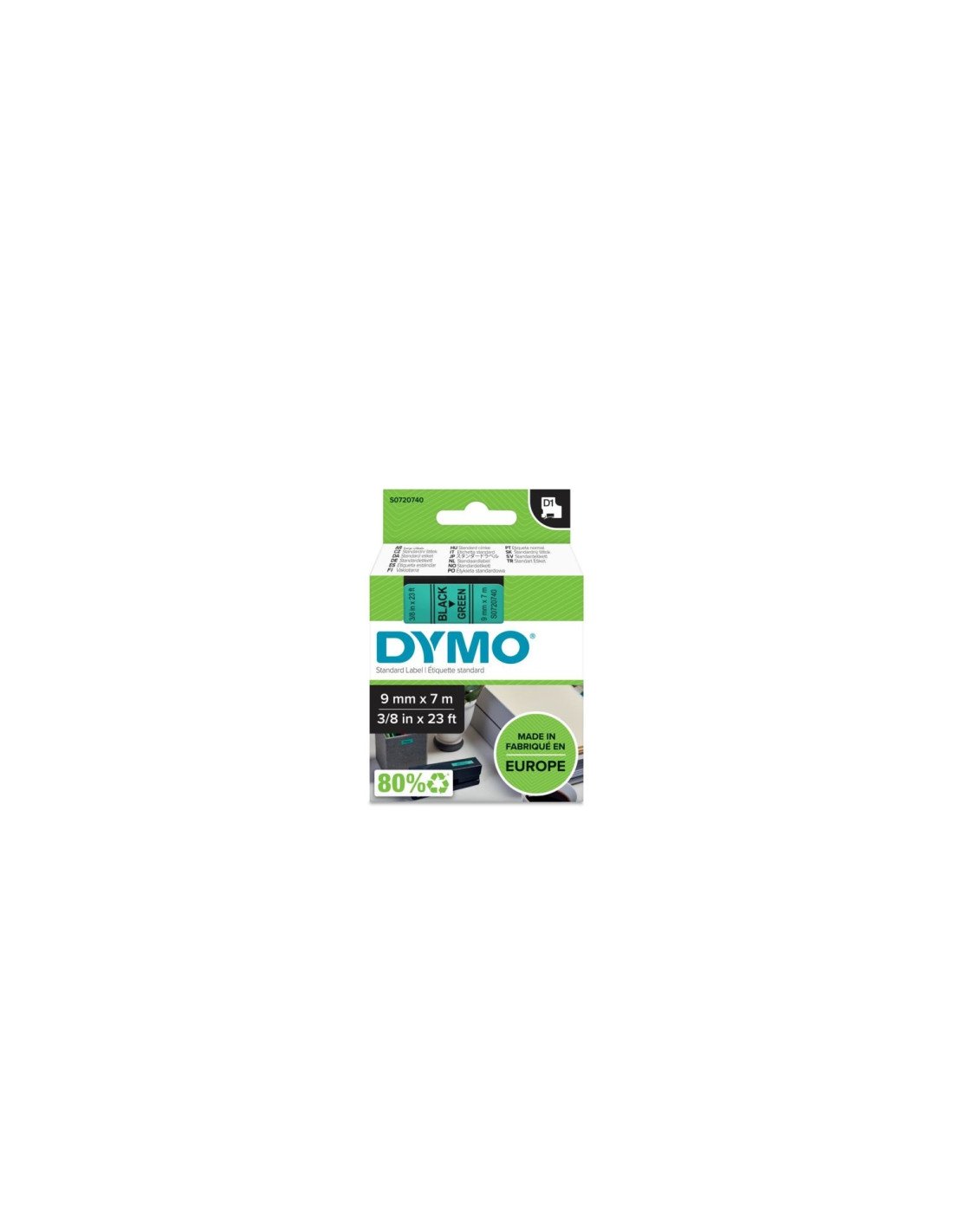 DYMO D1 - Etiquetas estándar - Negro sobre verde - 9mm x 7m