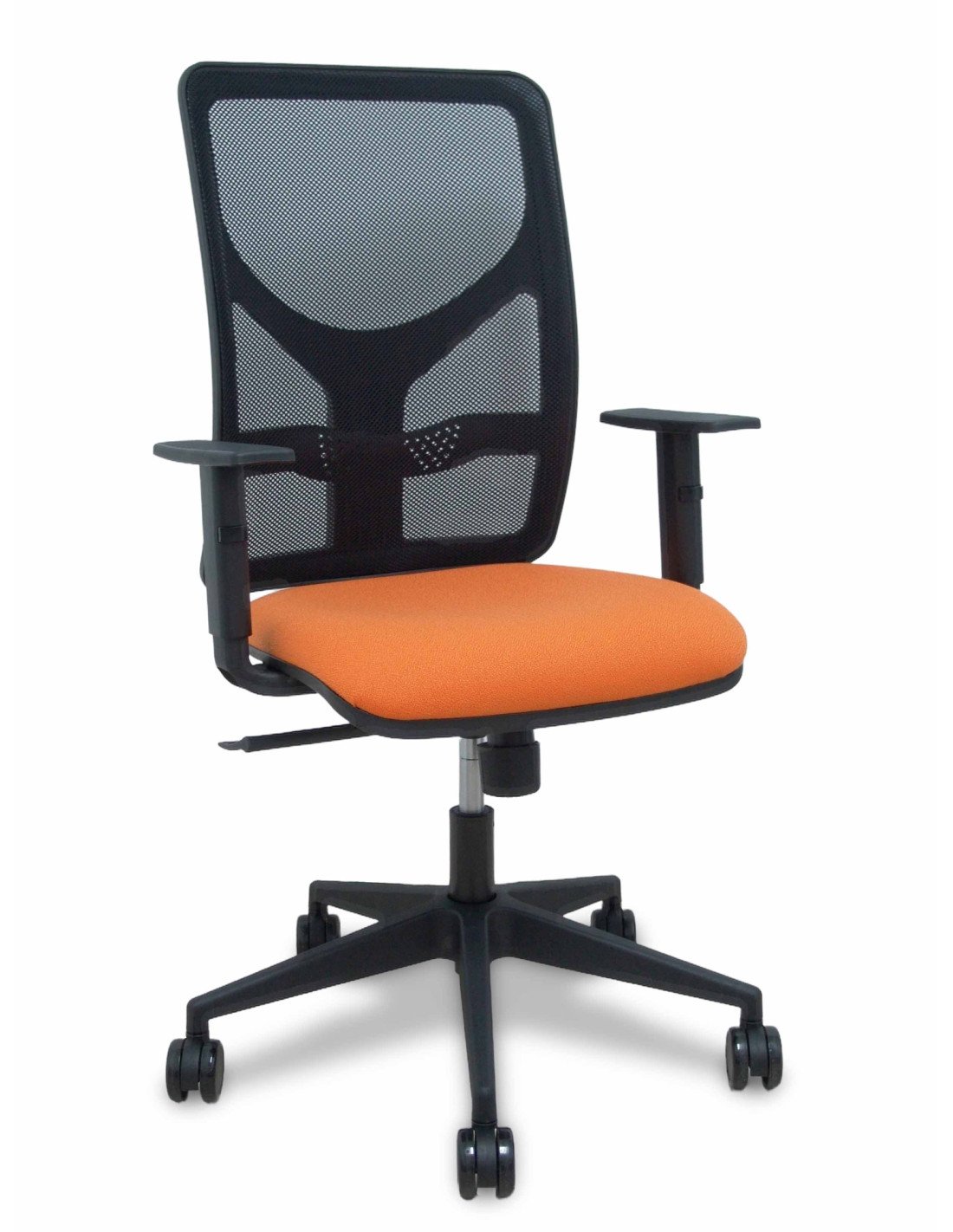 Silla Piqueras y Crespo  Motilla malla negra asiento bali naranja brazo regulable ruedas 65mm