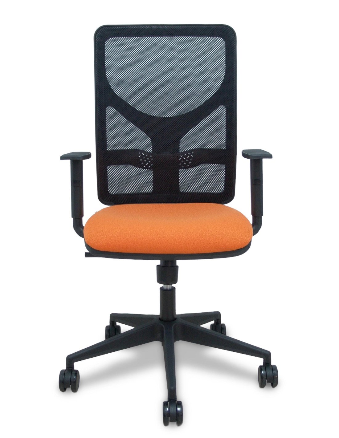 Silla Piqueras y Crespo  Motilla malla negra asiento bali naranja brazo regulable ruedas 65mm