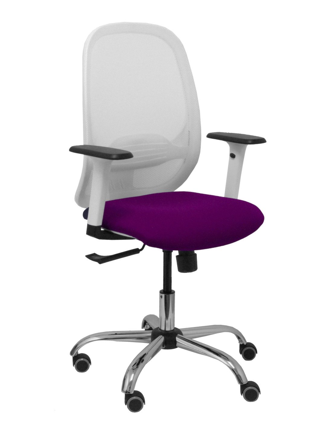 Piqueras y Crespo Silla Cilanco blanca malla blanca asiento bali morado brazo regulable base cromada ruedas de parque