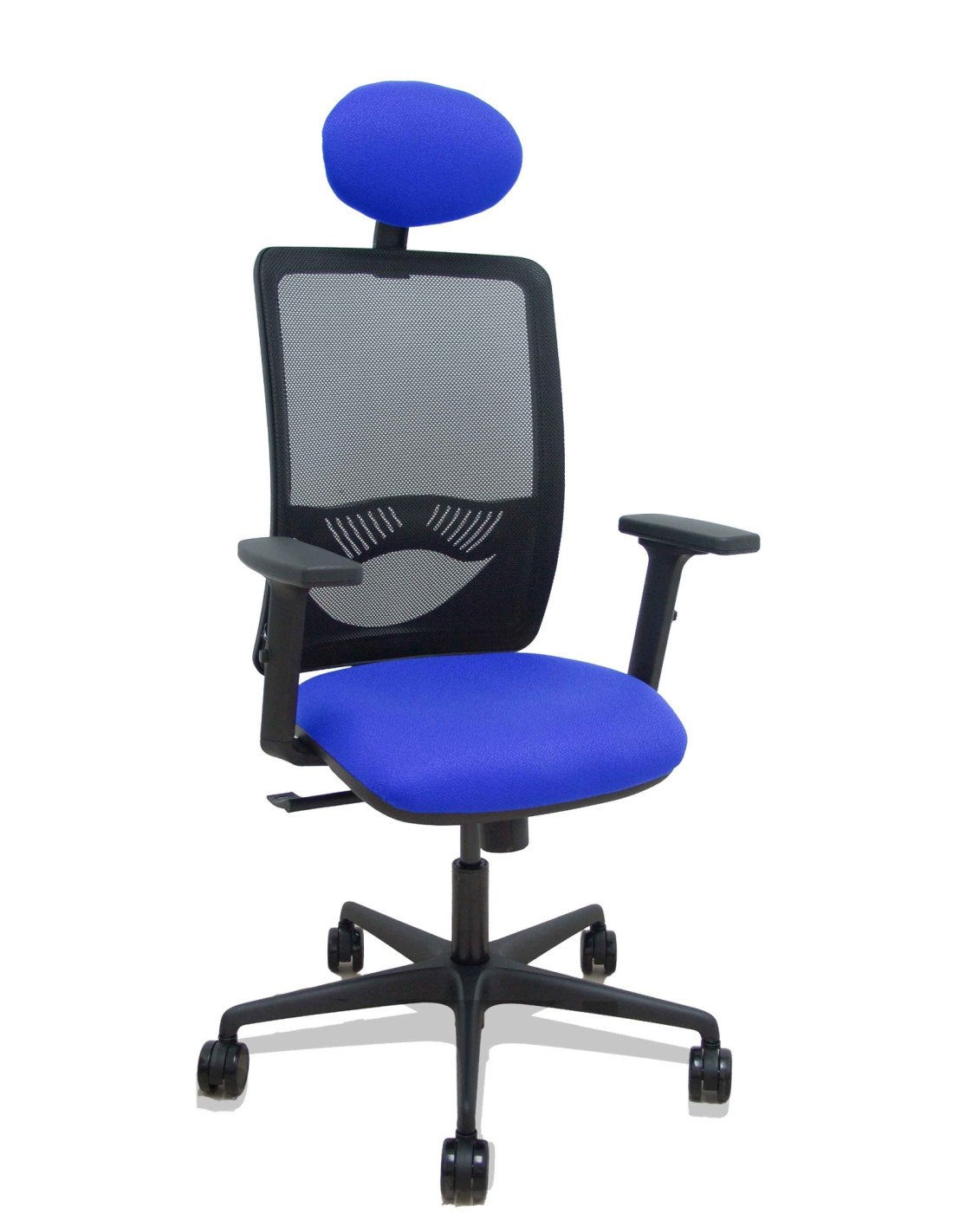 Piqueras y Crespo Silla Zulema sincro malla negra asiento bali azul brazos 2D ruedas 65mm cabecero