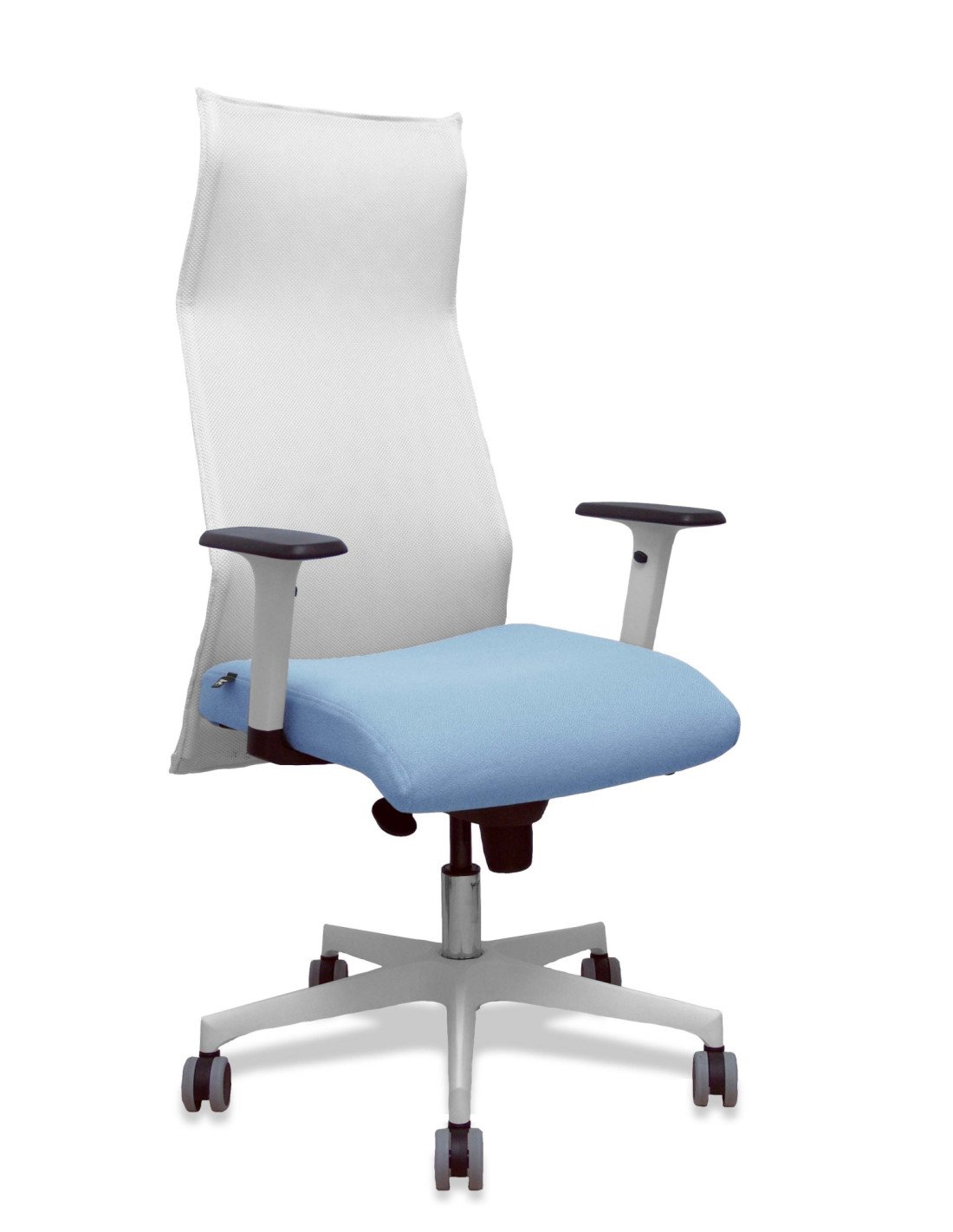 Piqueras y Crespo Sillón Sahuco blanco bali azul cielo brazos blancos base blanca ruedas parqué 65mm