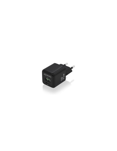 AISENS Cargador GaN 25W, 1xUSB-C PD3.0 QC4.0, 1xUSB-A QC3.0, Negro