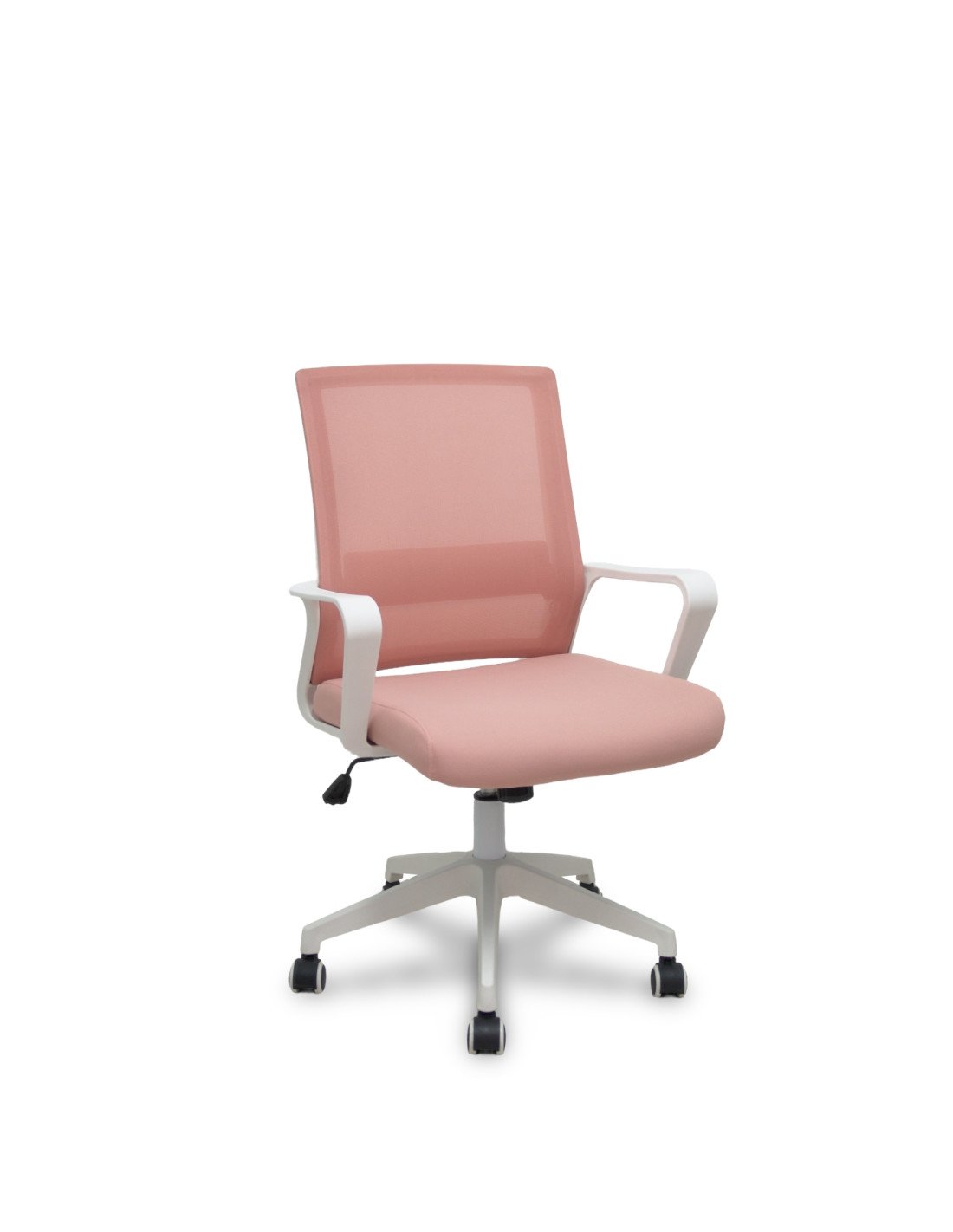 Piqueras y Crespo Silla Ergo535 blanca basculante respaldo malla rosa asiento tela rosa ruedas nailon