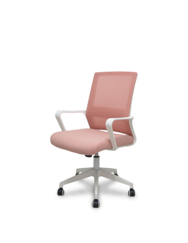 Piqueras y Crespo Silla Ergo535 blanca basculante respaldo malla rosa asiento tela rosa ruedas nailon