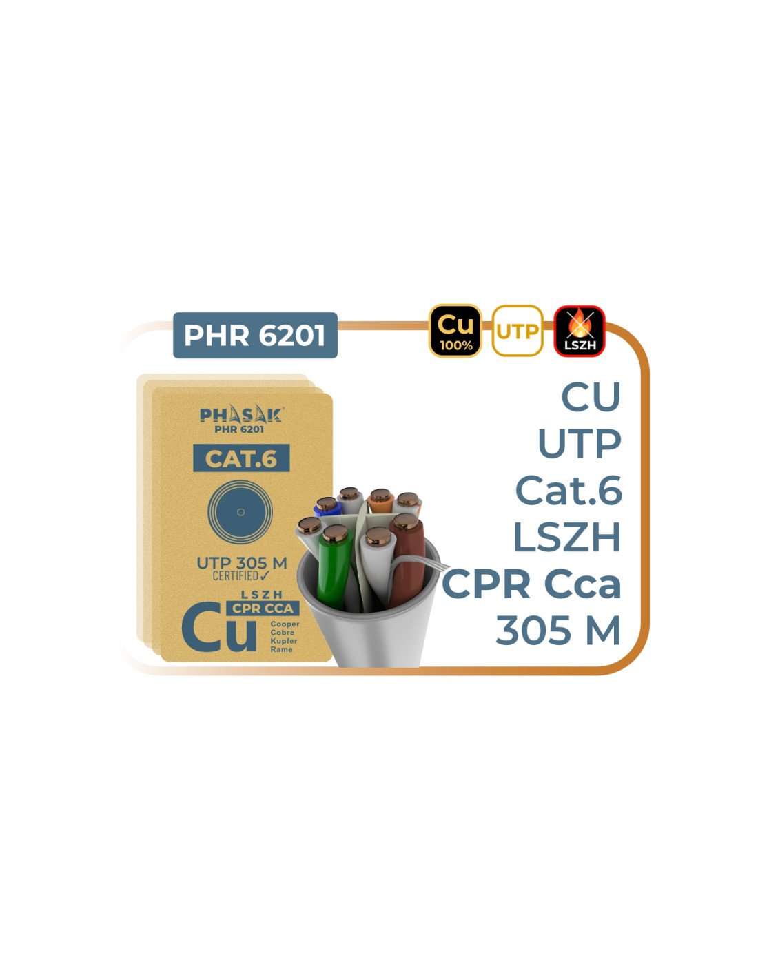 Phasak Bobina Cable UTP Cat.6 100% cobre LSZH CPR Cca 305 m – PHR 6201