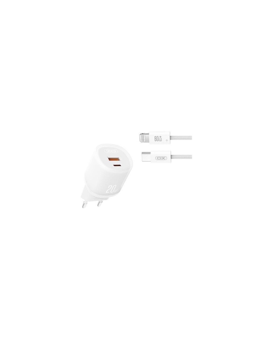 CARGADOR RAPIDO USB-A / USB-C 20W CON CABLE LIGHTNING L144 BLANCO XO