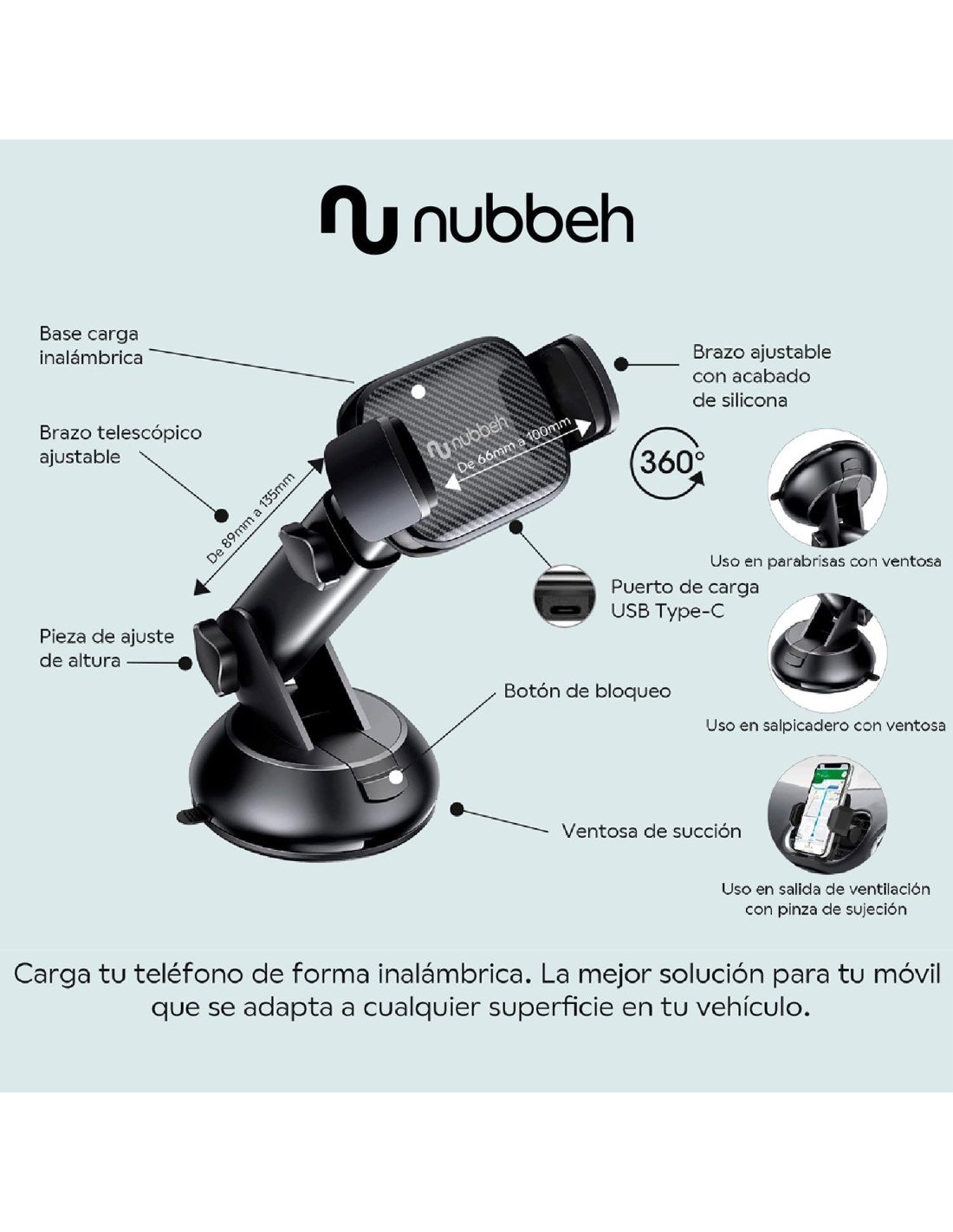 Nubbeh Atlas Soporte Móvil Coche con Carga Inalámbrica QI 15W 3 en 1 Negro