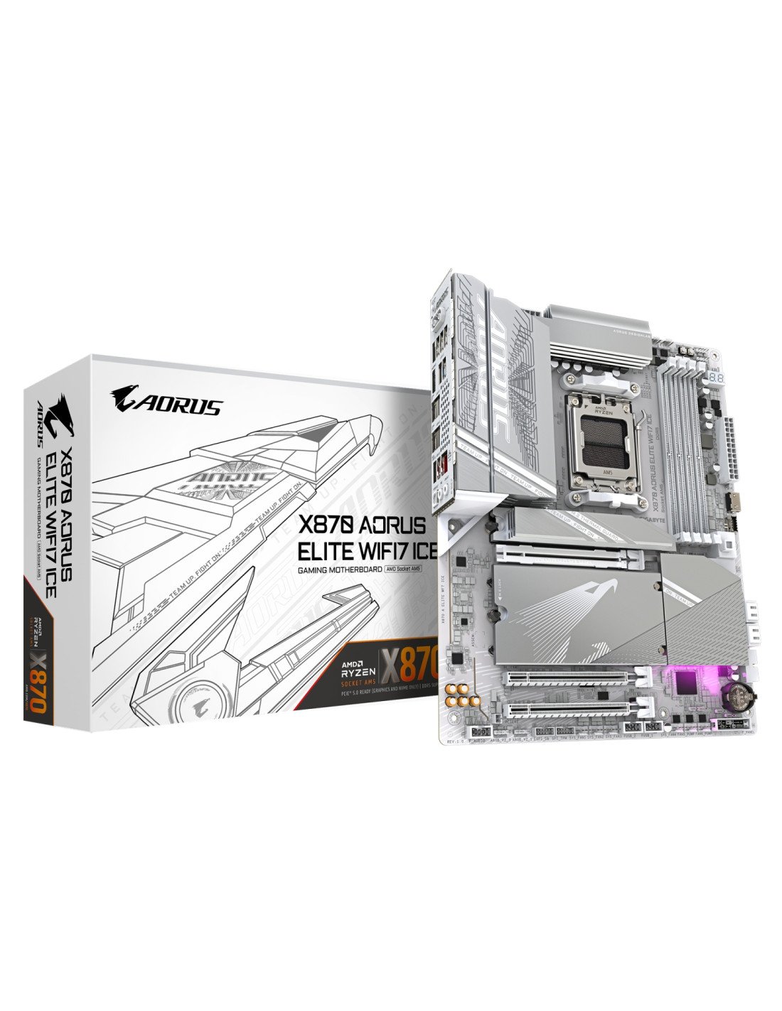 GIGABYTE X870 AORUS ELITE WIFI7 ICE Placa Base - Compatible con CPUs AMD Ryzen 9000, 16+2+2 fases VRM digital, hasta 8000MHz DDR