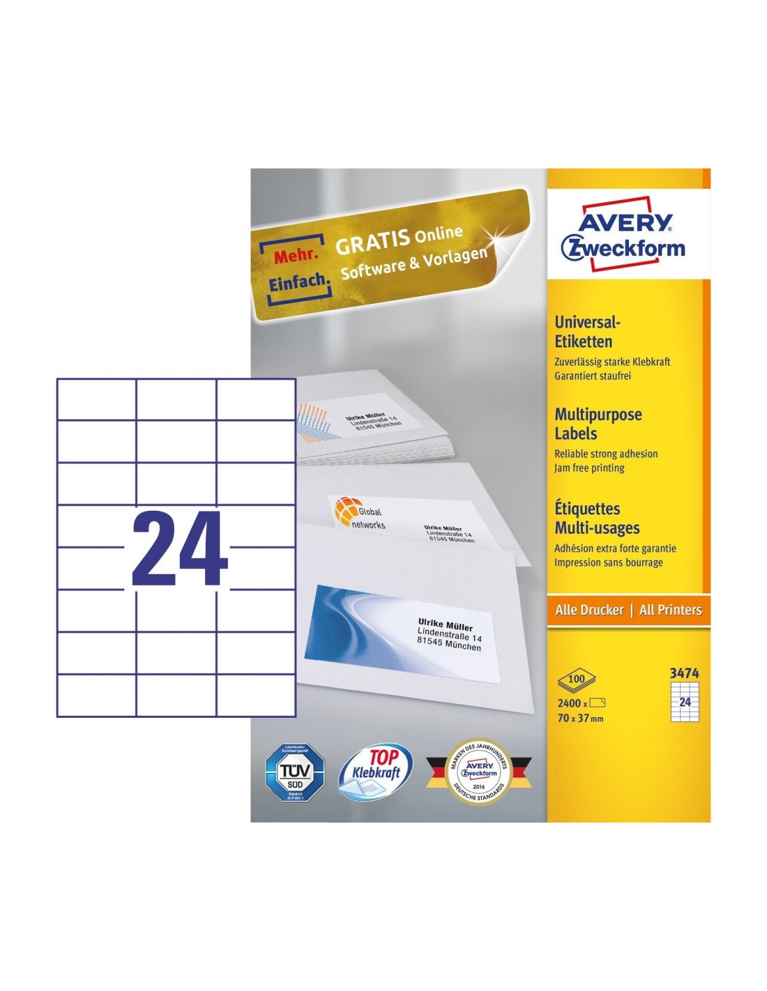 Avery 3474 etiqueta autoadhesiva Rectángulo Permanente Blanco 2400 pieza(s)