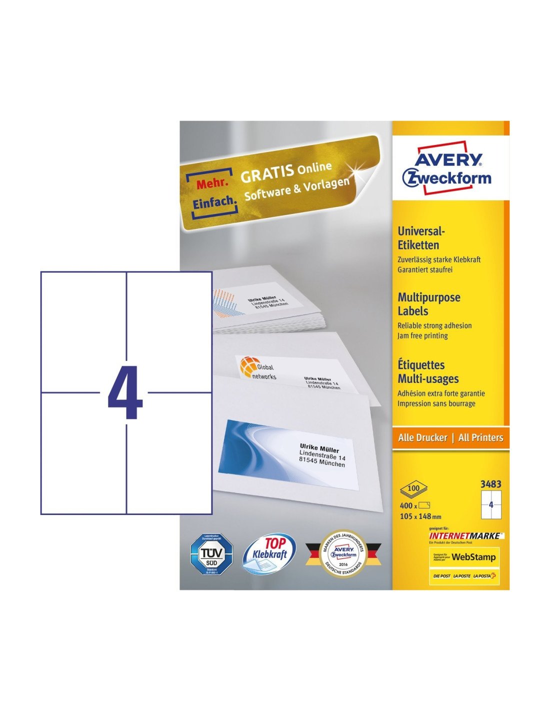 Avery 3483 etiqueta autoadhesiva Rectángulo Permanente Blanco 400 pieza(s)