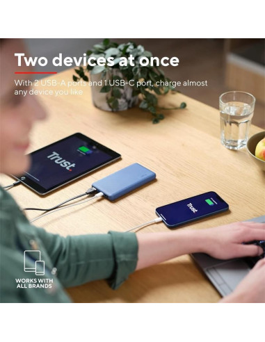 POWERBANK TRUST PRIMO SLIM 10000MAH X2 USB-A + USB-C + MICRO-USB ECO BLUE