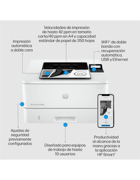 IMPRESORA HP LASERJET PRO LASER MONOCROMO 4002DW WIFI DUPLEX WHITE