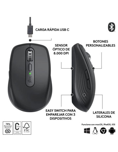 RATON LOGITECH MX ANYWHERE 3S WIRELESS BT 8000DPI 6 BOTONES BLACK