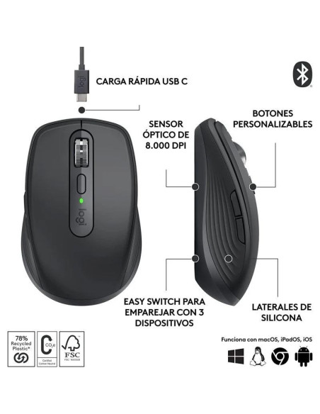 RATON LOGITECH MX ANYWHERE 3S WIRELESS BT 8000DPI 6 BOTONES BLACK