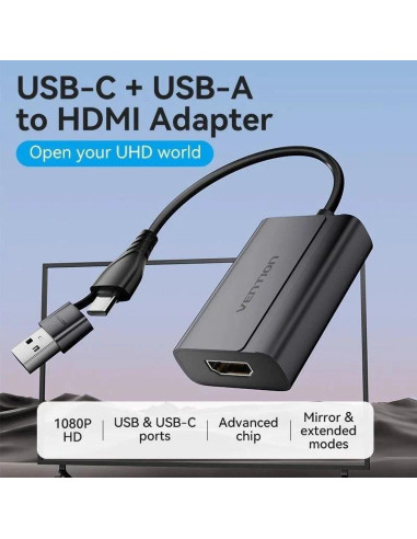 CONVERSOR VENTION USB-C/M USB-A/M A HDMI/H 0.15M BLACK