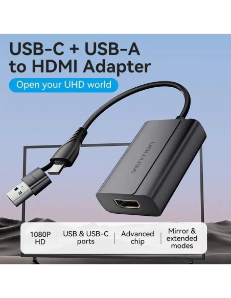 CONVERSOR VENTION USB-C/M USB-A/M A HDMI/H 0.15M BLACK