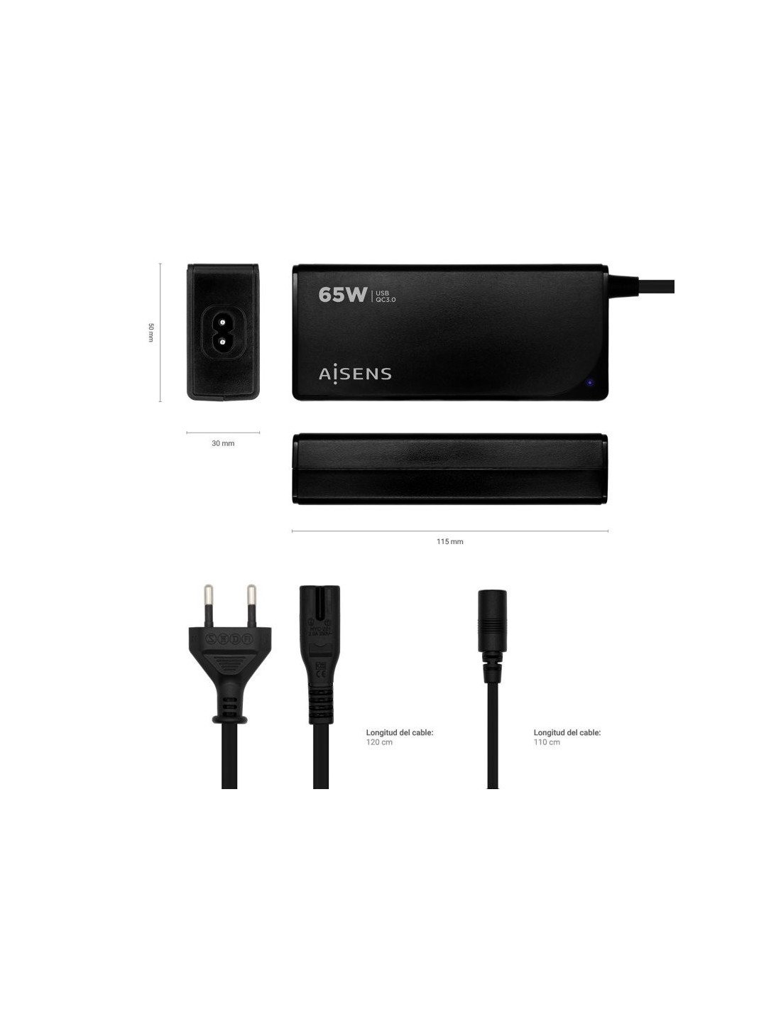 CARGADOR PORTATIL AISENS 65W AUTOMATICO + 9 CONECTORES + USB-A