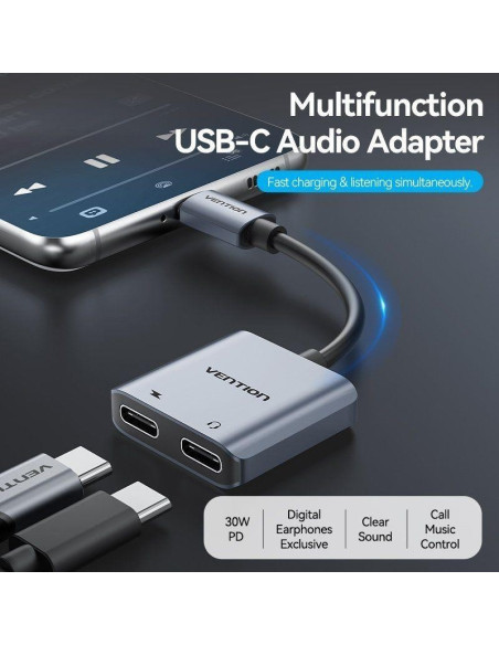 CABLE CONVERSOR VENTION USB-C/M - 2X USB-C/H AUDIO/CARGA GREY