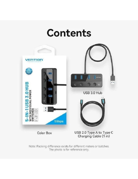HUB USB VENTION 4 PUERTOS USB 3.0 BLACK + CABLE USB/M - USB-C/M