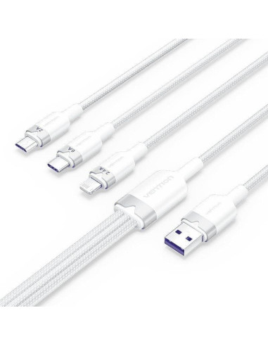 CABLE 3 EN 1 VENTION USB-A 2.0- USB-C/LIGHTNING/MICRO-B 1.5M ALUMINIO WHITE