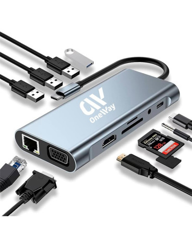 DOCK HUB ONEWAY USB-C 11 EN 1 HDMI/VGA/RJ45/USB 3.0/USB-C PD/MICROSD SILVER