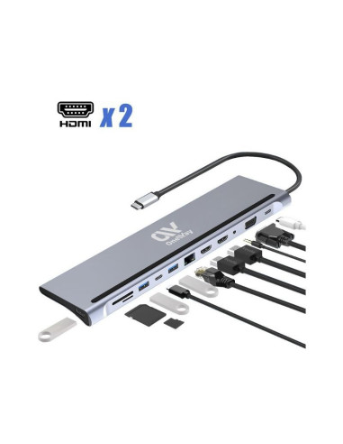 DOCK HUB ONEWAY USB-C 12 EN 1 HDMI/VGA/RJ45/USB 3.0/USB-C PD/MICROSD/AUX