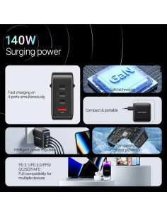 CARGADOR DE PARED VENTION GAN 3XUSB-C USB -A 140W BLACK + CABLE USB-C 2