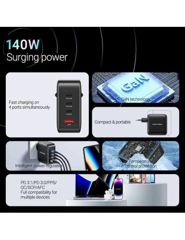 CARGADOR DE PARED VENTION GAN 3XUSB-C USB -A 140W BLACK + CABLE USB-C