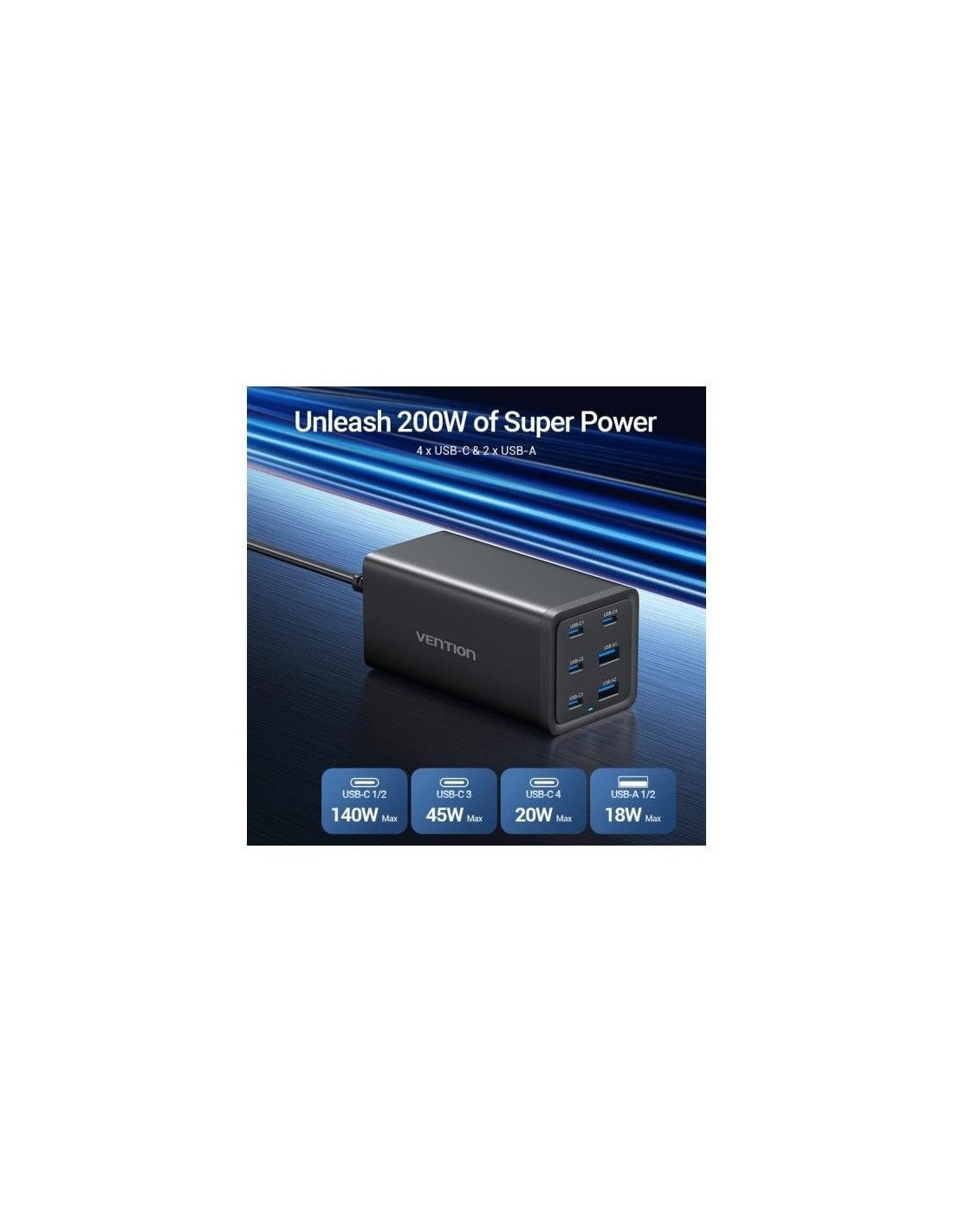 CARGADOR DE ESCRITORIO VENTION GAN 4XUSB-C 2XUSB-A 200W