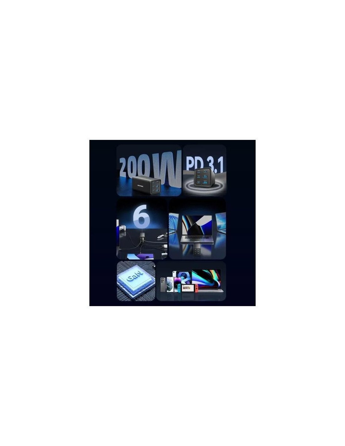 CARGADOR DE ESCRITORIO VENTION GAN 4XUSB-C 2XUSB-A 200W