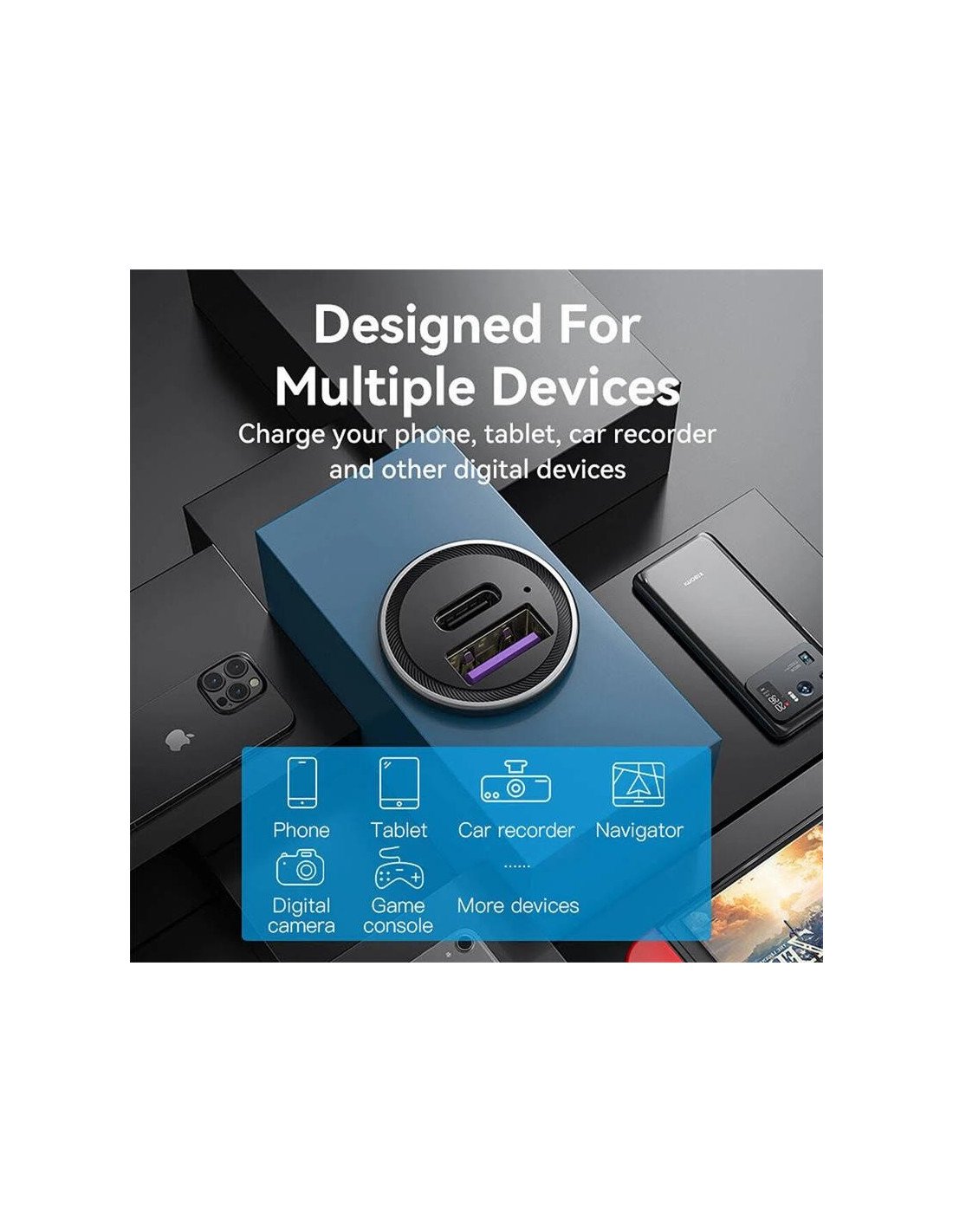 CARGADOR COCHE SMARTPHONE VENTION 30W USB-A USB-C SILVER