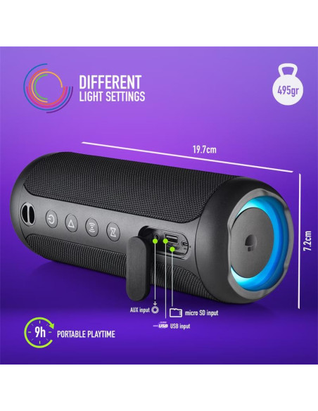 ALTAVOCES NGS ROLLER FURIA 2 RGB PORTATIL WATERPROOF IPX7/BT/USB/AUX BLACK