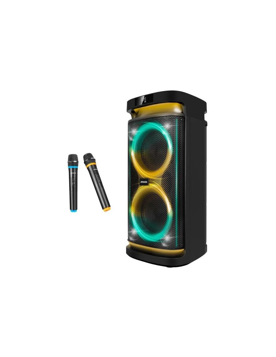 ALTAVOZ PHOENIX RUMBLEBOSS USB MICROSD FM BT RGB 80W KARAOKE + 2 MICROFONOS