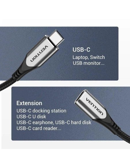CABLE ALARGADOR USB-C 3.1 VENTION TIPO USB-C/M - USB-C/H 1M GREY/BLACK